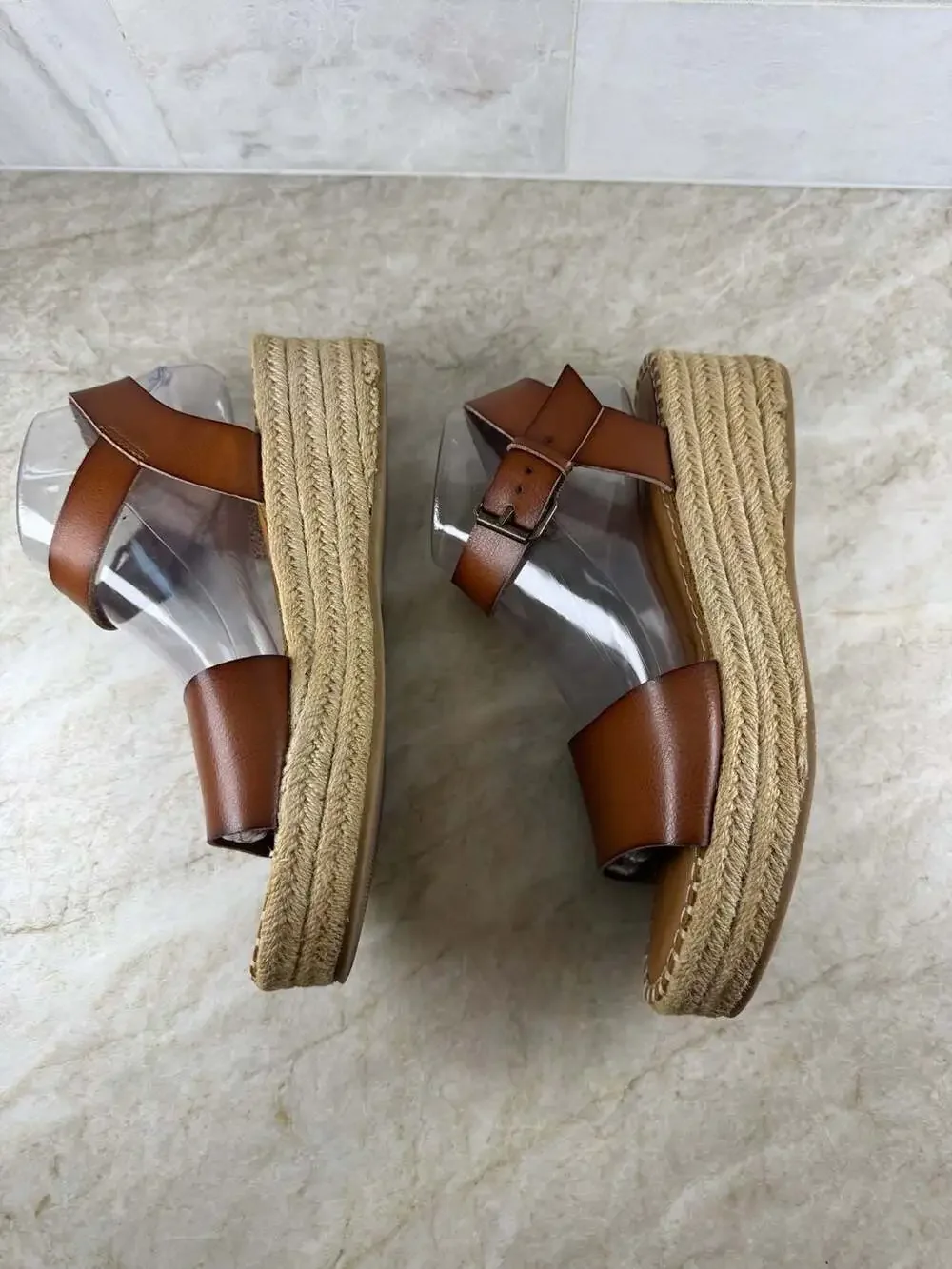 White Mountain Tan Espadrille Platform Sandals Ankle Strap Women’s Size 10